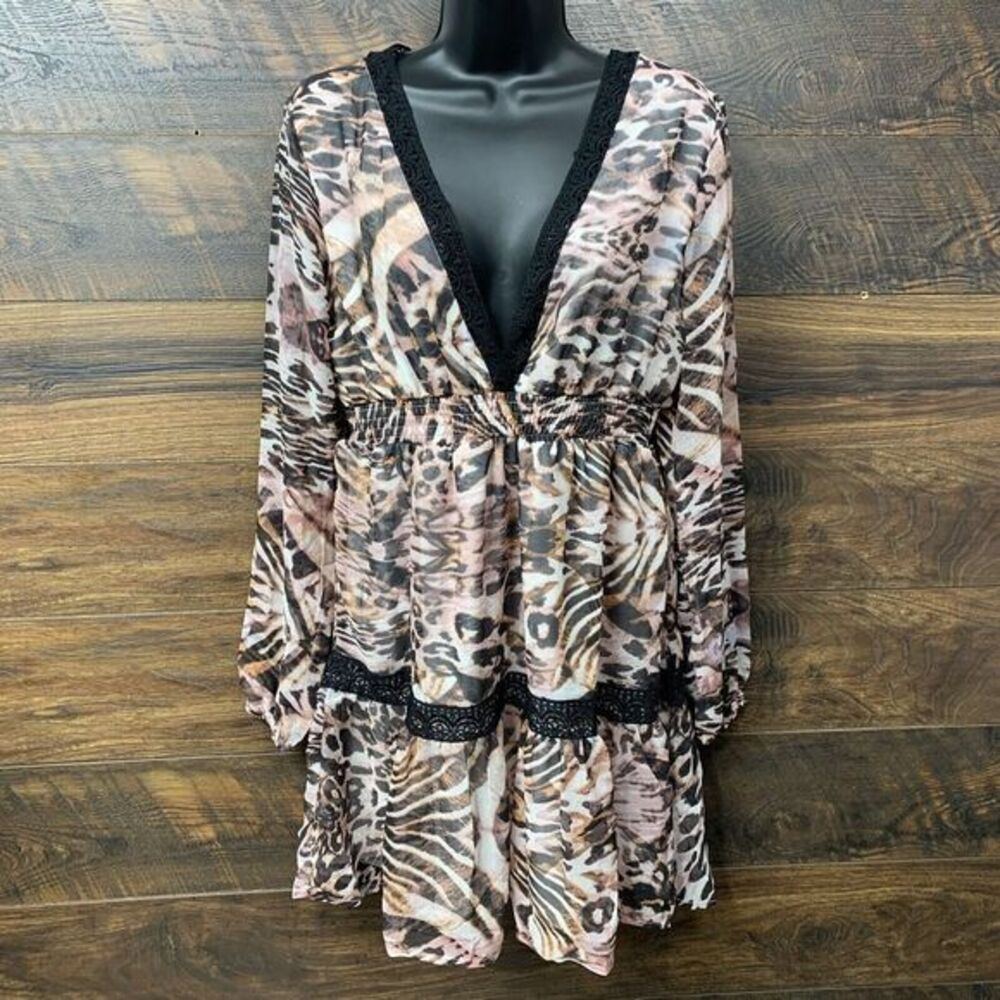Kendall + Kylie Dress Size Medium Leopard Lace Pink Black Lined Crochet Mini NEW